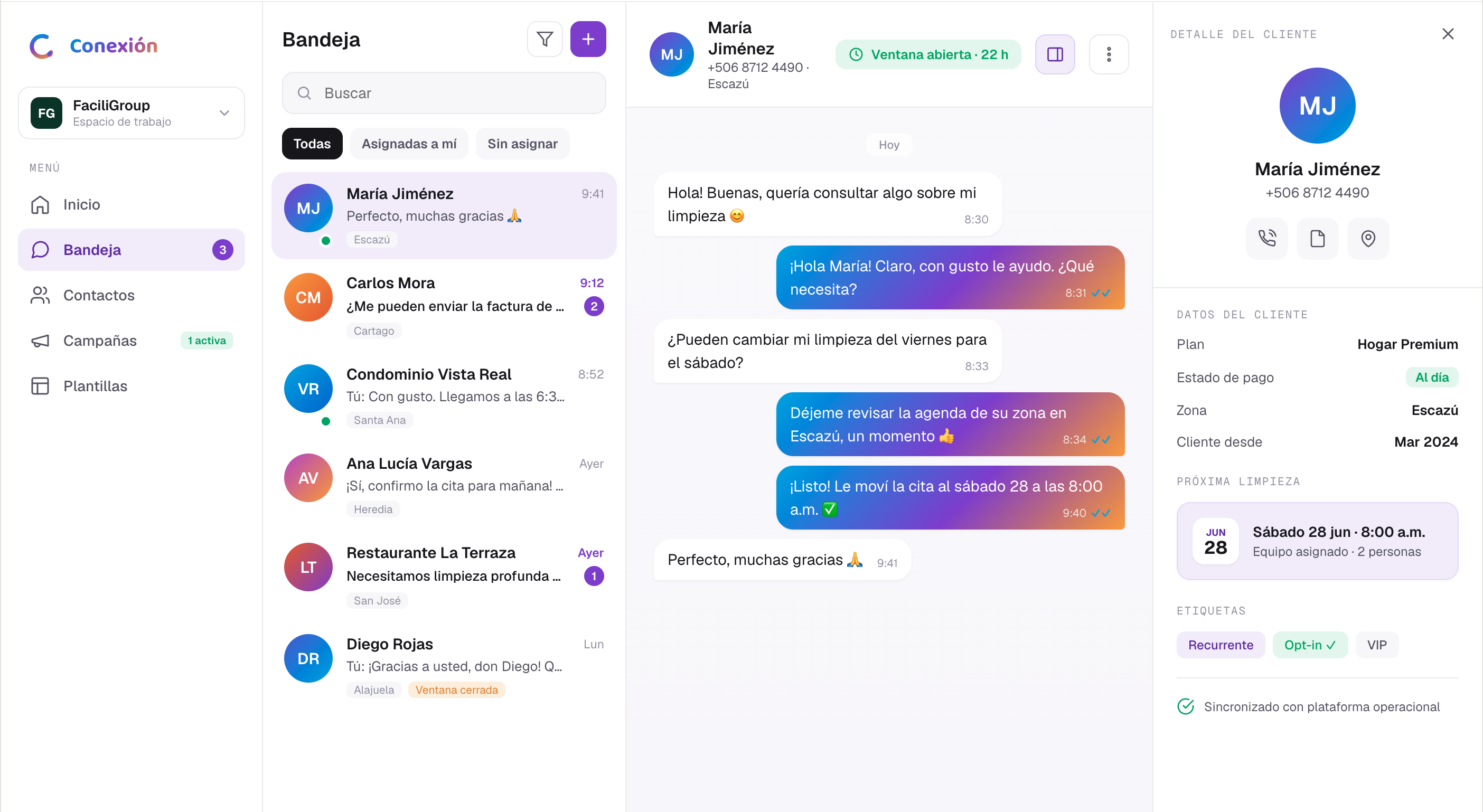 Conexión — bandeja de conversaciones